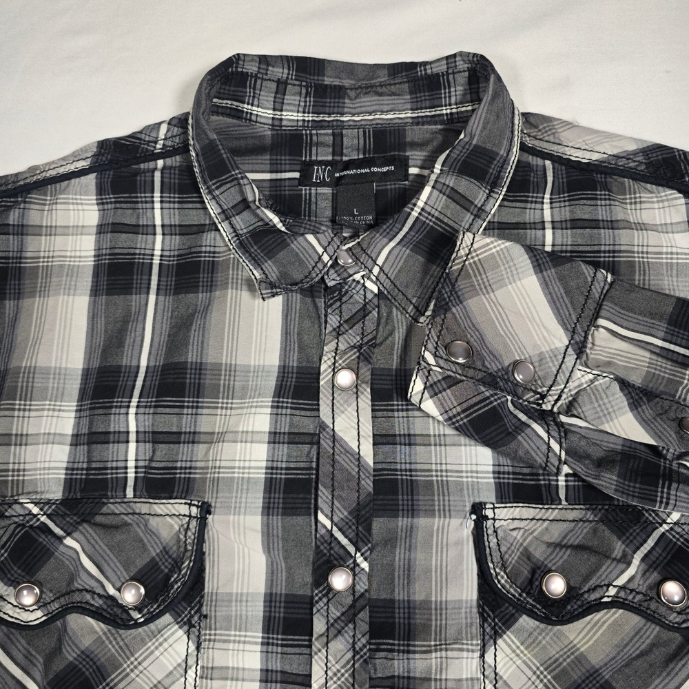 INC‎ Western Mens Large Black Plaid Snap Front Shirt
